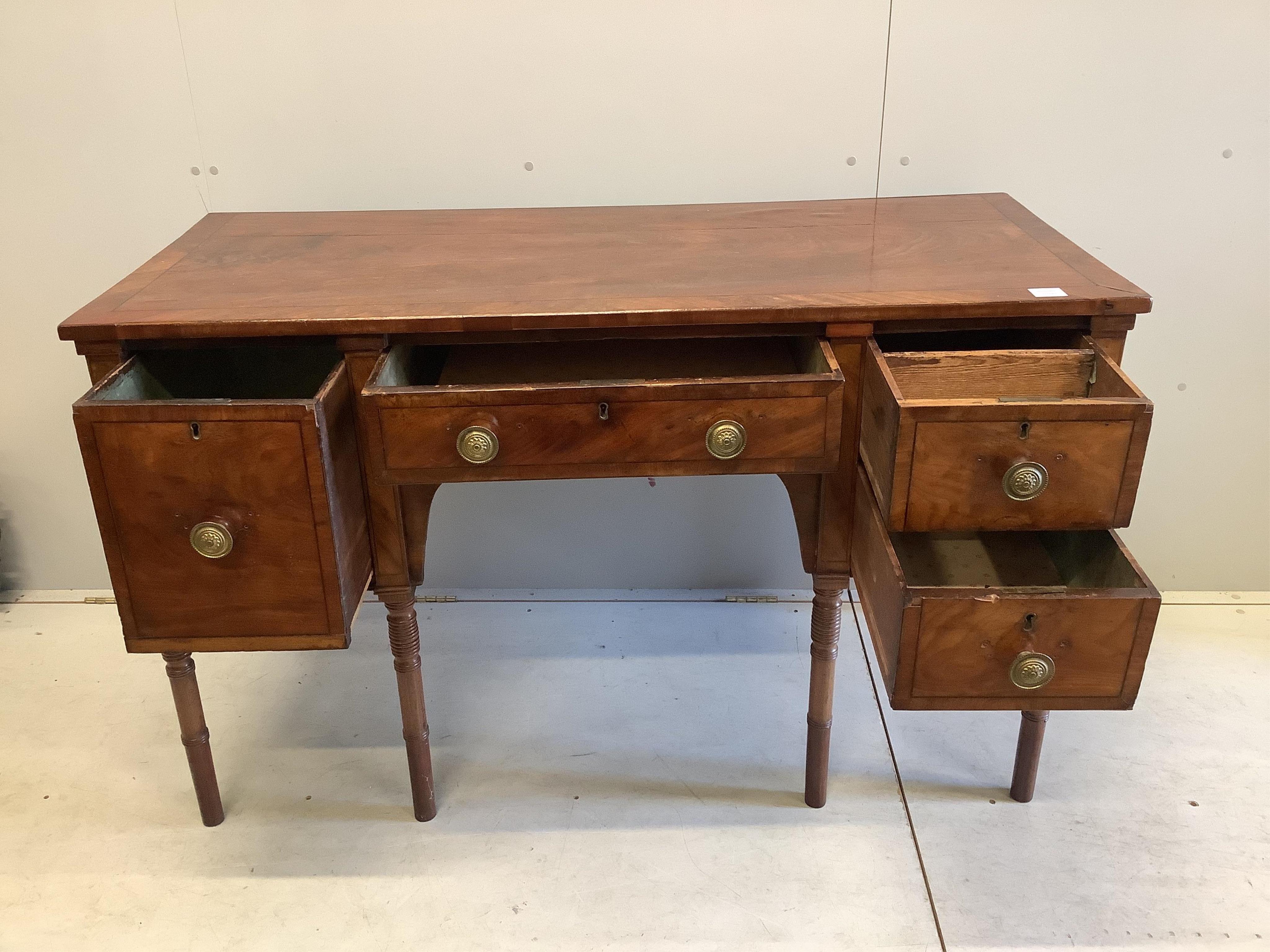 A Regency mahogany sideboard, width 137cm, depth 60cm, height 84cm. Condition - poor